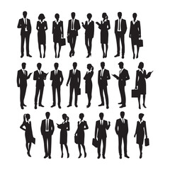 silhouettes of men and a women, a group of business people, black color isolated on white background ,flat line vector and illustration.