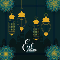 Gold Islamic Eid Mubarak design background with mandala pattern, hanging lantern