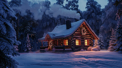Fototapeta premium Peaceful Log Cabin in the Snow, Decorated with Christmas Lights and Wreaths
