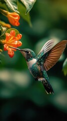 Fototapeta premium Hummingbird hovering near orange flower feeding on nectar with blurred background
