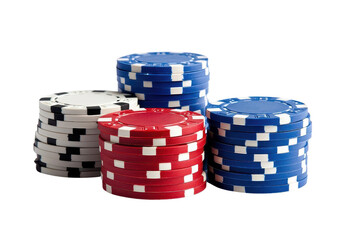 A vibrant collection of poker chips in red, blue, white, and black, symbolizing excitement and strategy in gambling.