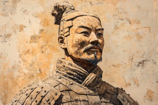 Statue of a terracotta army soldier on a plain background