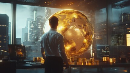 Close-up of a businessman hand with a glowing globe and gold bars on a modern office desk, symbolizing global financial leadership and innovation.