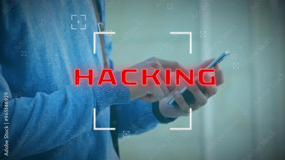Poster animation of hacking text over caucasian man using smartphone