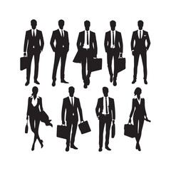 silhouettes of men and a women, a group of business people, black color isolated on white background ,flat line vector and illustration.