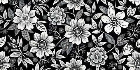 Black and White Floral Pattern, Seamless, Monochrome, Design, Botanical, Floral Pattern, Flower