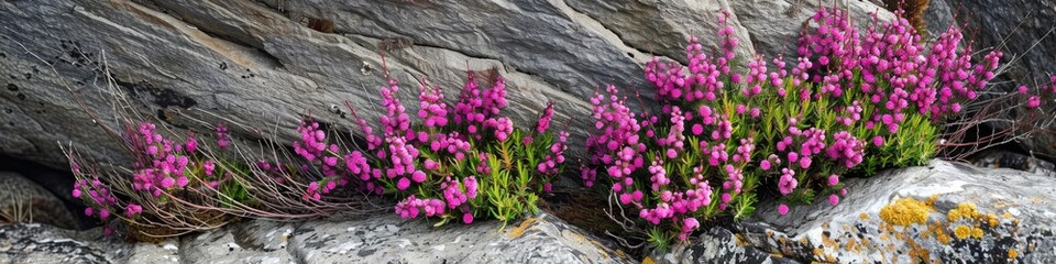 Obraz premium Vibrant red heather flowers flourishing in rocky roadside crevices