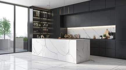 Obraz premium modern kitchen interior with table, modern kitchen interior, kitchen interior with fireplace, kitchen interior, A sleek, modern kitchen with black cabinets and white marble accents