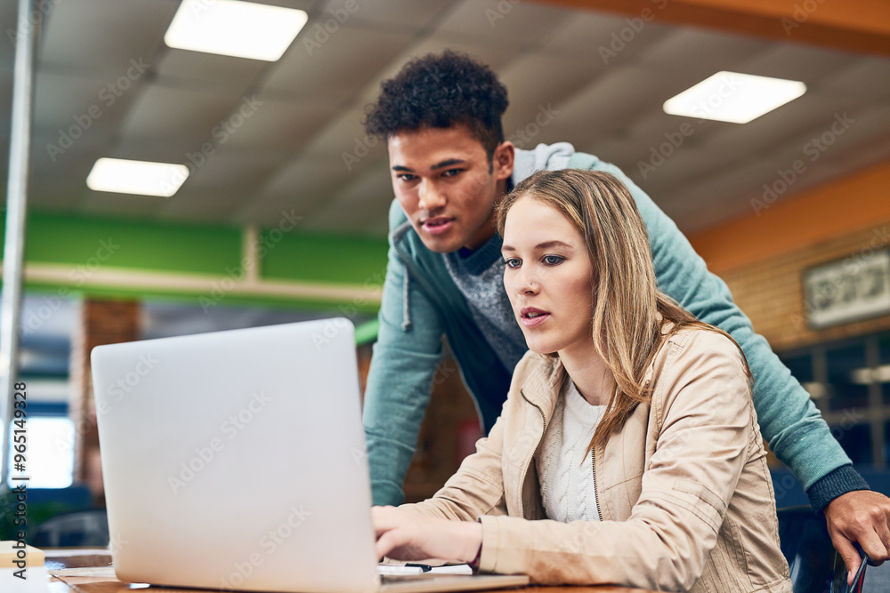 Poster students, man and woman with reading, laptop and library with notes for learning, development and re