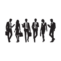 silhouettes of men and a women, a group of business people, black color isolated on white background ,flat line vector and illustration.
