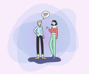 Friends talking to each other vector illustration. Young man and woman chatting with dialog bubbles and gestures. Communication, conversation, friendship concept for banner or web design