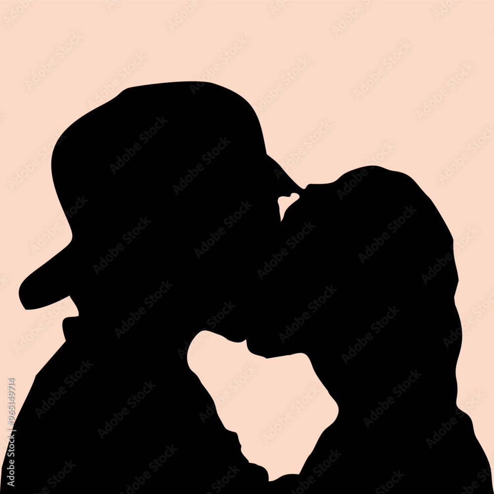 Wall mural Vector image of silhouette of two teenagers kissing with love symbol