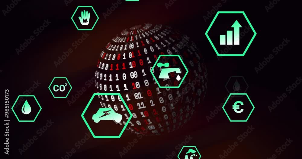 Poster animation of eco icons with binary coding and data processing over globe
