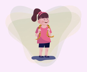 Happy little girl with snake pet. Kid holding her snake flat vector illustration. Pet, animal care, petting zoo concept for banner, website design or landing page