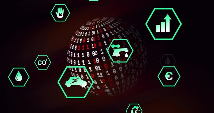 Animation of eco icons with binary coding and data processing over globe