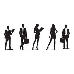 silhouettes of men and a women, a group of business people, black color isolated on white background ,flat line vector and illustration.