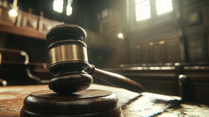 Close-up of a wooden gavel striking in a courtroom, symbolizing justice and authority.