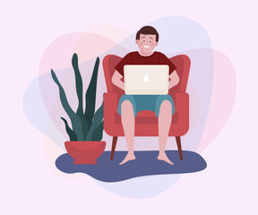 Man sitting in armchair and using laptop at home. Freelancer, leisure flat vector illustration. Wireless internet, freelance, communication concept for banner or website design