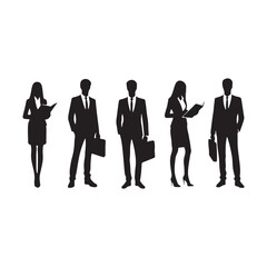 silhouettes of men and a women, a group of business people, black color isolated on white background ,flat line vector and illustration.