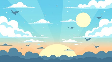Peaceful Sunrise with Clouds and Birds Illustration in Calm Sky