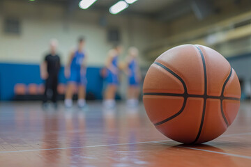 Naklejka premium Basketball on a court with a junior team and coach in the background