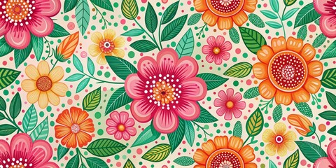 Bright Floral Pattern with Pink, Orange and Yellow Flowers, Seamless Watercolor Illustration, Botanical Art, Summer Garden, Floral Design, Nature