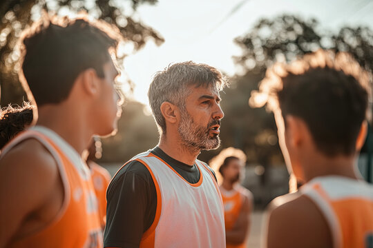 Coach giving instructions to the team during a timeout