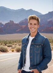 Smiling young American man with blonde hair in a denim jacket stands on an empty desert road with mountains in the background, under a clear blue sky. Casual and confident, he radiates positivity.