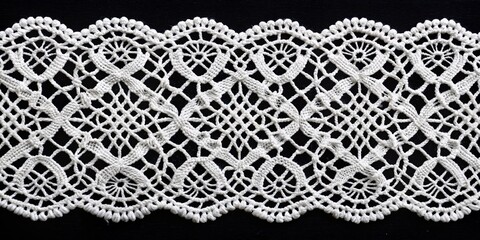 Close-up of Intricate White Lace Trim on Black Background, Crochet, Lacework, Textile, Craft