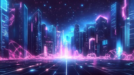 Futuristic Cyberpunk Cityscape with Neon Lights and Digital Grid