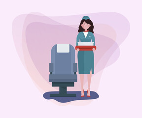 Stewardess in uniform with pillow and plaid for passenger flat vector illustration. Airliner staff, occupation, travel concept for banner, website design or landing page