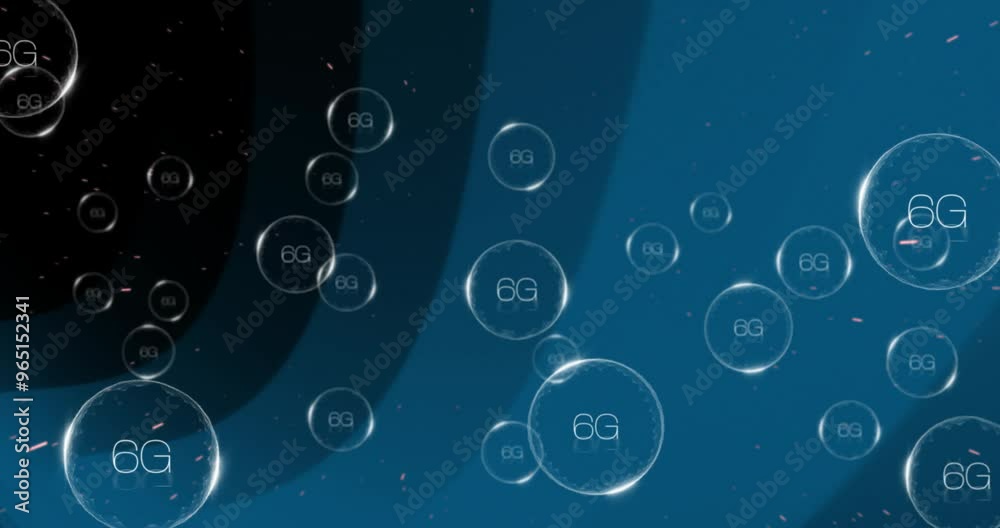 Wall mural animation of 6g text and data processing over blue circles