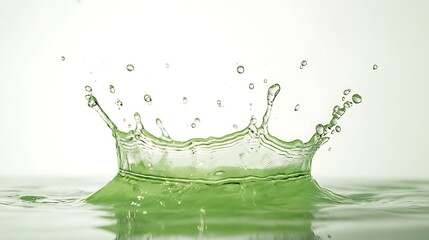 Vivid Green Water Splash in Mid-Air with Clean White Background and Soft Studio Lighting