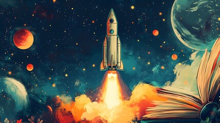 Fototapeta premium Rocket Launch from an Open Book into Space