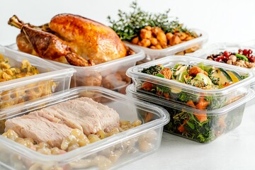 Thanksgiving leftovers in vintage Tupperware containers, white background