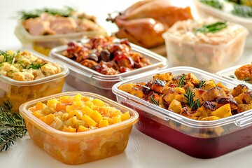 Assortment of delicious Thanksgiving leftovers in clear containers.