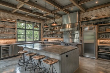 Obraz premium Modern kitchen with industrial design and open shelving.