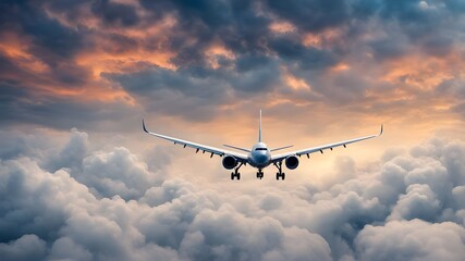 A high-definition, photorealistic image of an airplane flying high above the clouds. The aircraft is captured mid-flight with sunlight reflecting off its sleek metallic surface, and the background fea