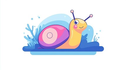 A vibrant cartoon snail, slowly crawling in a rich blue box, perfect for slowmotion design in modern illustrations.