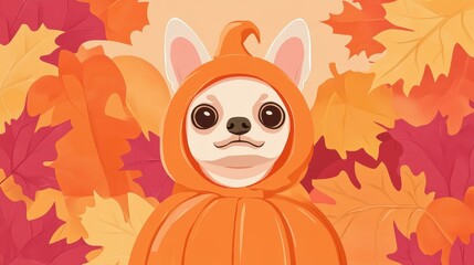 Fototapeta premium A charming Chihuahua dressed in an orange pumpkin costume, surrounded by vibrant Halloween pumpkins and autumn leaves.