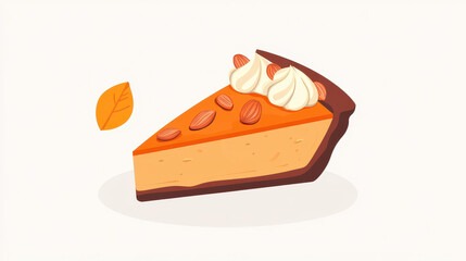 Delight in this tempting slice of pumpkin pie, topped with crunchy nuts, set against a clean, minimal background. Perfect autumn treat