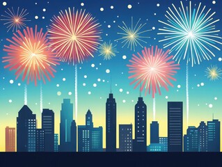 Fototapeta premium Colorful fireworks display lighting up the night sky over a city skyline, celebrating an event with vibrant explosions and sparkling lights.