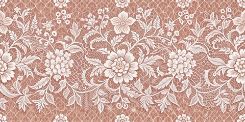 Delicate White Lace Floral Pattern on Brown Background, Lace, Fabric, Floral