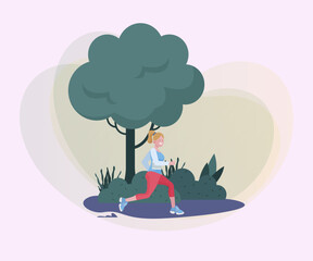 Young sporty woman running marathon. Athlete jogging in park vector illustration. Activity, lifestyle, morning, competition concept for banner design or landing page