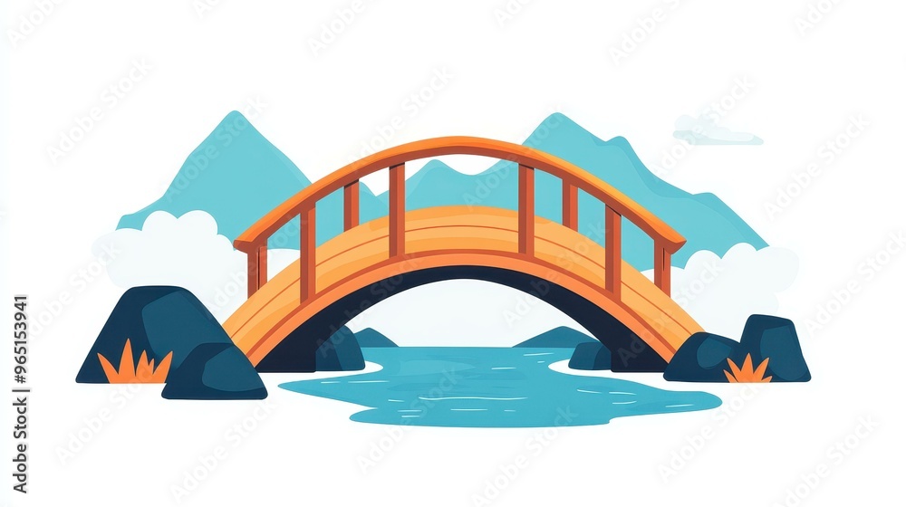 Sticker Explore a vibrant cartoon image showcasing a whimsical wooden bridge amidst a colorful landscape, perfect for playful designs.