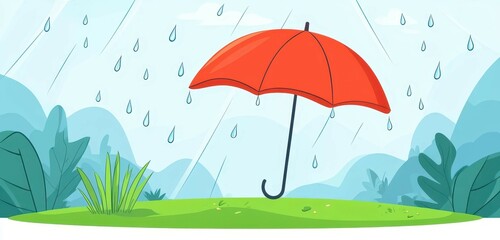 Fototapeta premium Bright and playful cartoon illustration of a colorful umbrella shielding against rain, designed with charming textures.