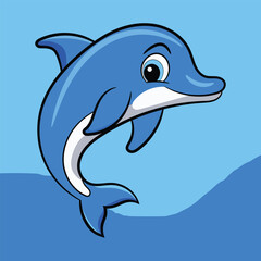 Vector cartoon blue dolphin in blue water illustration
