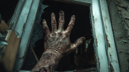 A hand is reaching out of a window, with a bloody appearance