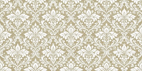 Elegant White Floral Damask Pattern on Beige Background, damask, floral, pattern
