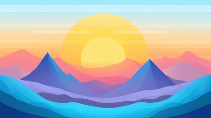 A serene mountain peak at sunrise, featuring soft light and charming textures in a vibrant flat vector style.